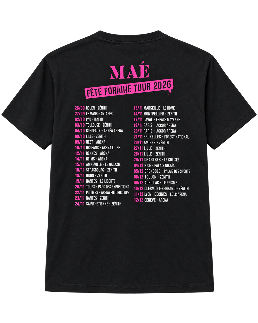 T-shirt noir Fête Foraine Tour, dos avec les dates de la tournée 2026