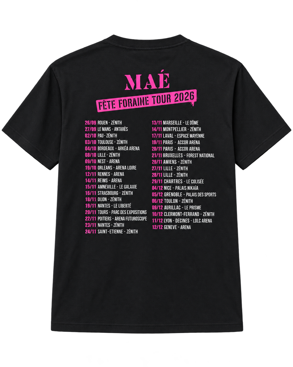 T-shirt noir Fête Foraine Tour, dos avec les dates de la tournée 2026