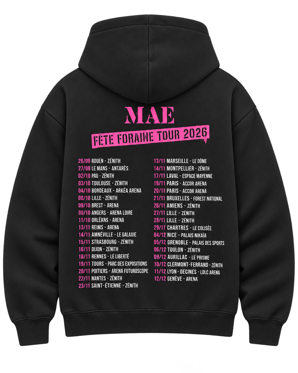 Hoodie zippé noir Fête Foraine Tour, dos avec les dates de la tournée 2026