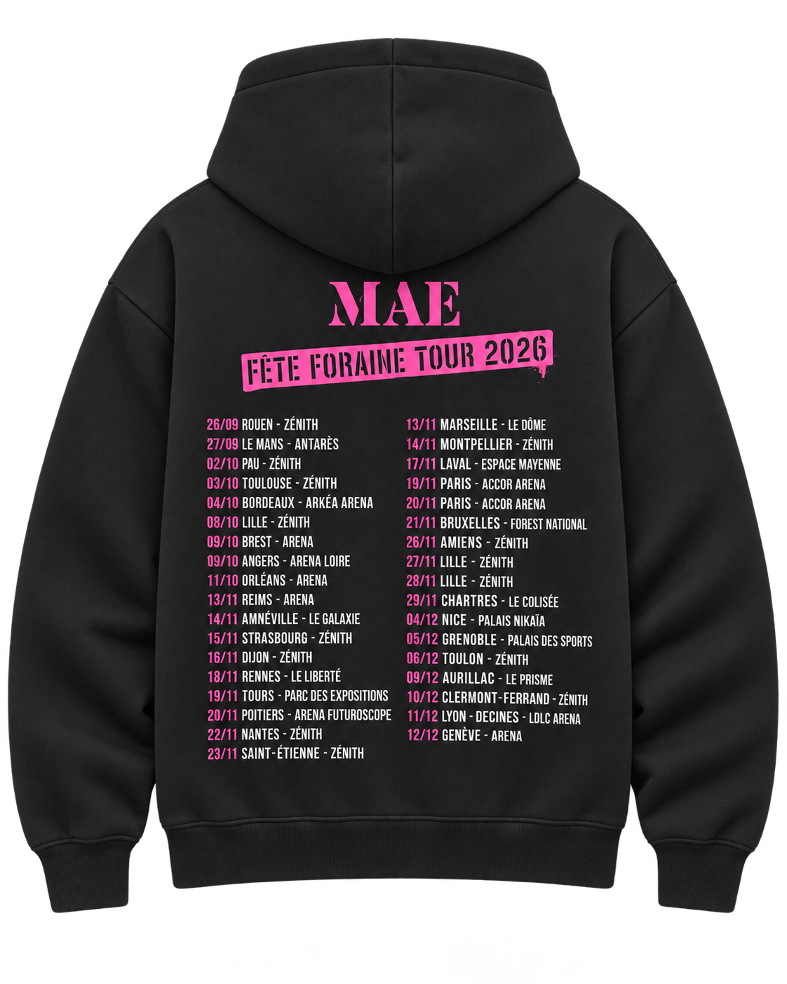Hoodie zippé noir Fête Foraine Tour, dos avec les dates de la tournée 2026